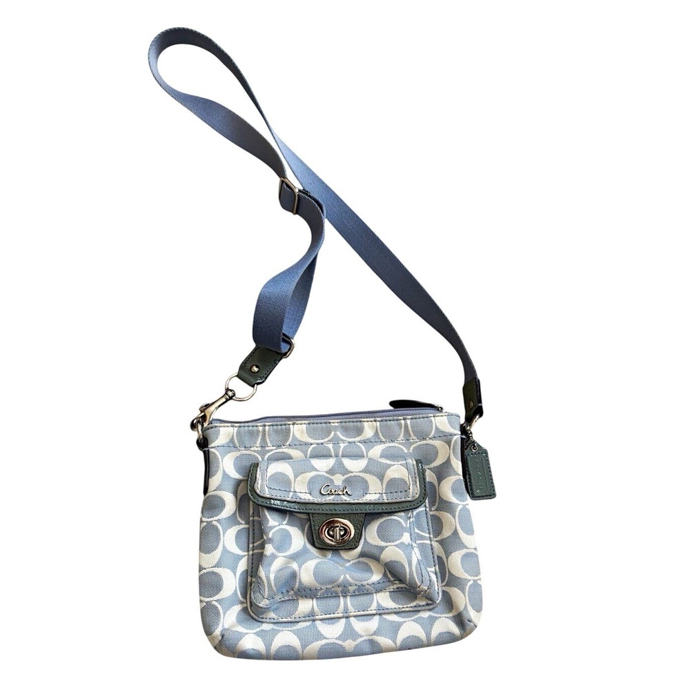 Coach Women's Small Gray Blue Signature Logo Crossbody Zip Turn Lock Bag